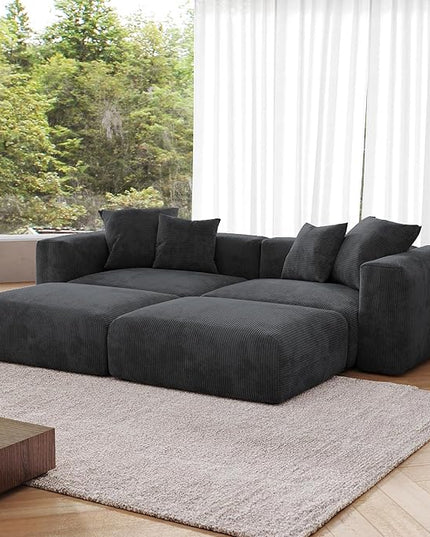 JACH Sectional Couches for Living Room, Modern Modular Sectional Couch with Chaise Ottomans, Cushion Covers Removable, Corduroy Sofa Bed for Living Room, Apartment, Office (Black)