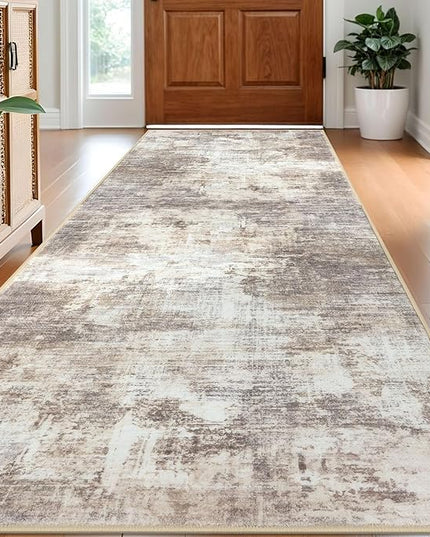 IOHOUZE Abstract Runner Rug 3x8 Ft Washable Runners for Hallways, Non Slip Kitchen Runner Printed Faux Wool Entryway Runner Indoor, Modern Abstract Floor Carpet for Hall Kitchen Bedroom, Beige Brown