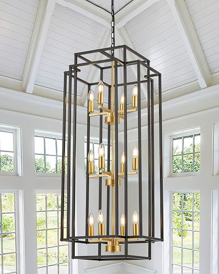 12-Light Lantern Tiered Pendant Light Fixtures, Black Metal Farmhouse Chandelier Hall Foyer Hanging Chandelier for Kitchen Island Dining Room Living Room Foyer Entryway, Black+Gold