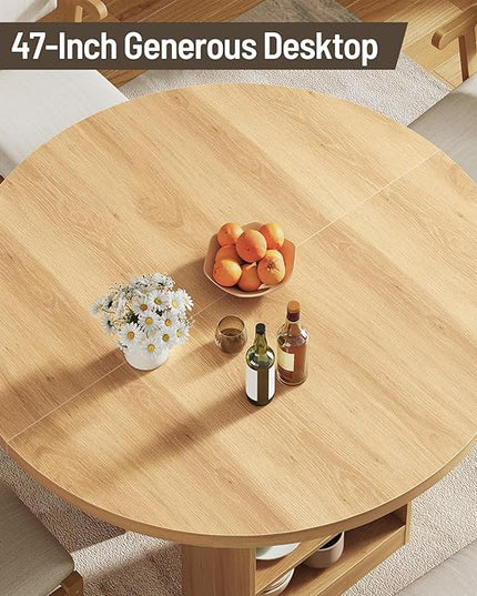 59'' Extendable Dining Table for 4-8, Round Kitchen Room Table with 3-Tier Storage Racks, Adjustable Shelves, Wooden Pedestal Base, for Kitchen, Dinner, Living Room, Office, Natural
