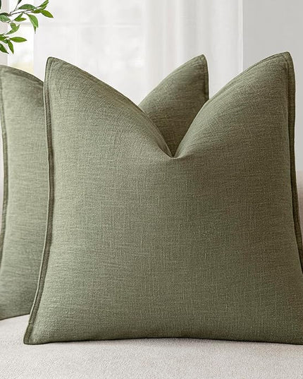 Foindtower Pack of 2, Decorative Linen Soild Throw Pillow Covers Soft Accent Cushion Case Farmhouse Neutral Pillowcase for Chair Couch Sofa Bedroom Living Room Home Decor 26x26 Inch Olive Branch Green