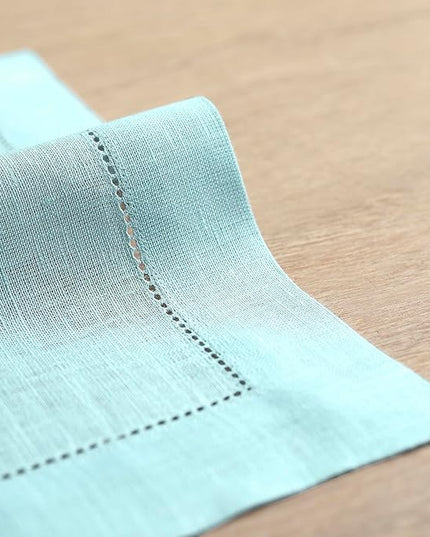 Solino Home Linen Cloth Placemats Set of 4-100% Pure Linen Hemstitch Aqua Blue Placemats 14 x 19 Inch - Classic Hemstitch Table Place Mats
