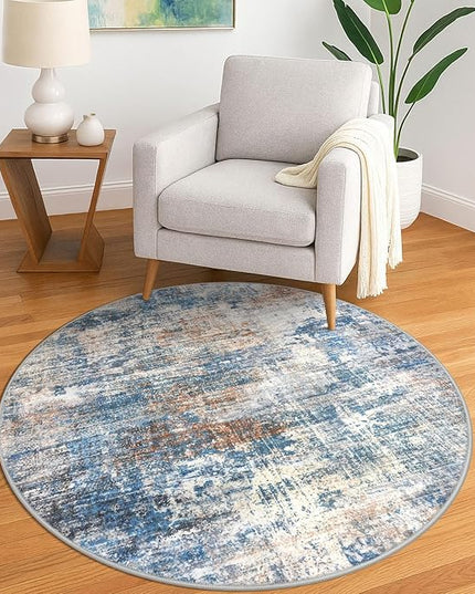 IOHOUZE Round Area Rug 5 Ft Circle Entryway Rugs Round Washable Door Mat Indoor Entrance, Non Slip Circle Front Door Rug, Printed Abstract Faux Wool Floor Carpet for Foyer Porch Sink, Blue Rust