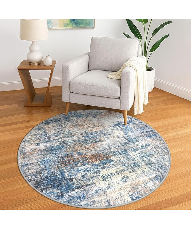 IOHOUZE Round Area Rug 5 Ft Circle Entryway Rugs Round Washable Door Mat Indoor Entrance, Non Slip Circle Front Door Rug, Printed Abstract Faux Wool Floor Carpet for Foyer Porch Sink, Blue Rust