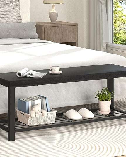 EXCEFUR Entryway Bench, Modern Wood and Metal Storage Bench for Hallway Front Door Entrance, Industrial Indoor Shoe Rack Bench Seat for Bedroom Living Room, 43.3 Inch Black