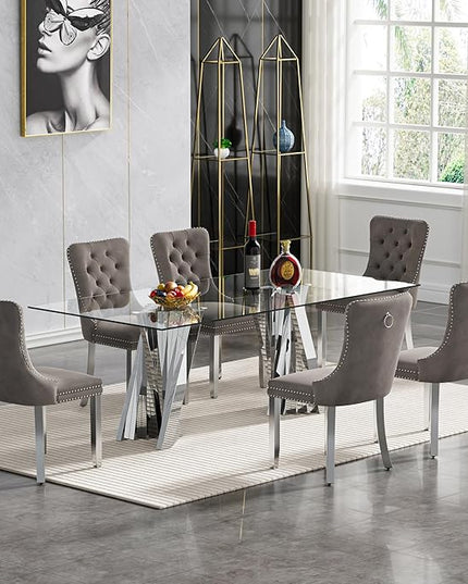 7 Piece Dining Table Set with 6 Grey Dining Chairs, Modern Glass Kitchen Table and Chairs Set for 6, 70" Rectangle Silver Glass Pedestal Dining Room Tables with Flash-Shape Stainless Steel Base