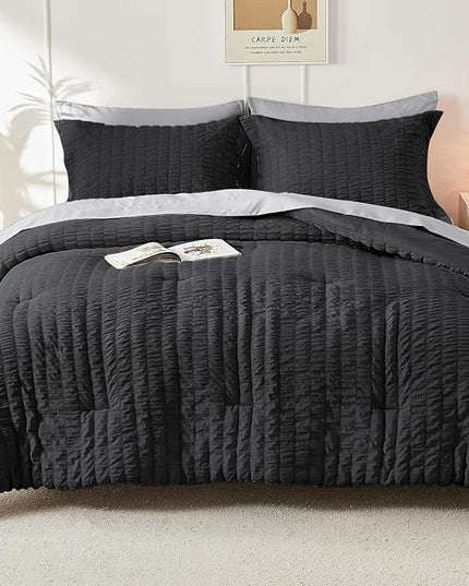 HYMOKEGE Black/Light Grey King Size Comforter Set Seersucker 7 Pieces, All Season Luxury Bed in a Bag for Bedroom, Bedding Set with Comforter, Sheets, Pillowcases & Shams