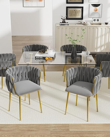 7 Piece Modern Gold Dining Set, 51'' Luxury Minimalist Kitchen Table Set, 6 Person Clear Glass Top Rectangle Dinner Set, Grey Woven Dining Chair for Home Living Room Small Place