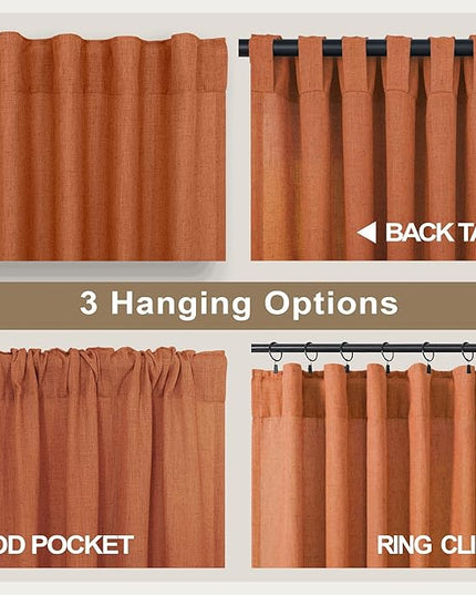 Pitalk Burnt Orange Linen Curtains 102 Inches Long for Living Room 2 Panels Set Back Tab Pocket Fall Drapes Semi Sheer Light Filtering Rust Terracotta Curtain 102 Length for Patio Sliding Door Bedroom