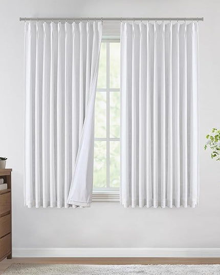 Vision Home White Pinch Pleated Full Blackout Curtains 60 inch Wide Thermal Insulated Window Curtains for Living Room Bedroom Room Darkening Pinch Pleat Drapes with Hooks Back Tab 1 Panel 60" Wx72 L
