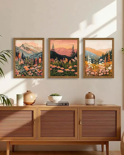InspiredHues Colorful Landscape Boho Canvas Wall Art Set, 3 Piece Wildflower Mountain Wall Decor, Vintage Floral Rustic Nature Artwork Prints for Living Room Bedroom Office 12x16 Inch Wood Framed