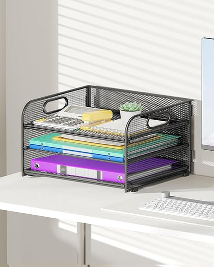 3 Tier Paper Organizer with Handle, Metal Desk Organizer Mesh Paper Letter Tray Desktop File Folder Document Sorter for Classroom, School, Office Accessories Organization and Storage - Black