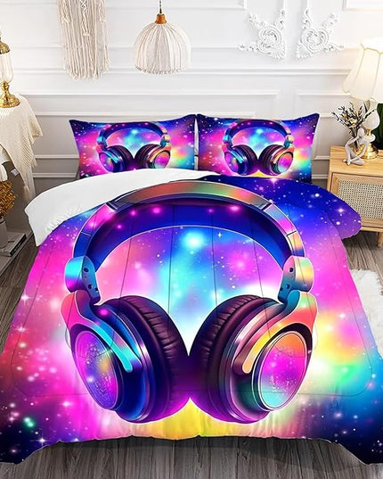 Galaxy Headphones Comforter Set Twin Purple Music Theme Bedding for Girls Kids Colorful Glitter Quilt 1 Comforter,1 Pillow Case