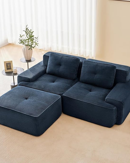 82" Convertible Modular Couches, Deep Seat L Shaped Sofas for Living Room, Modern 2 Seater Love Seat Sofa with 1 Ottoman for Small Space, Comfy Cloud Sectional Sofa Set, Corduroy Fabric Blue