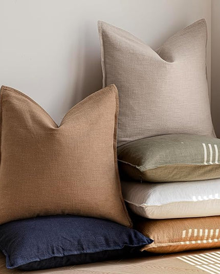 Foindtower Pack of 2, Decorative Linen Soild Throw Pillow Covers Soft Accent Cushion Case Boho Farmhouse Pillowcase for Chair Couch Sofa Bedroom Living Room Home Decor 20 x 20 Inch Light Khaki Brown