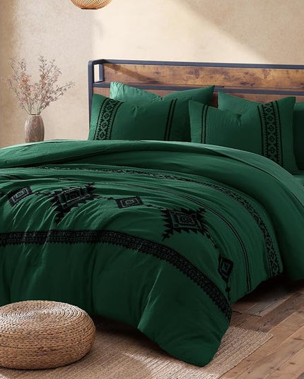 MaiRêve Embroidery Comforter Set, Boho Farmhouse Western Bedding Set, All Season Bed in A Bag Comforter Set with Sheets, Pillowcases & Shams, Emerald Green Full 7 Pieces