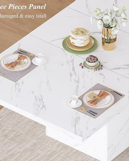 HSH White Faux Marble Dining Table, 63 inch Modern Dinner Table for 6 people, Farmhouse Rectangle Kitchen Table for Living Room, Large Wood Dining Room Tables with strong Pedestal, White Marble, 63 In