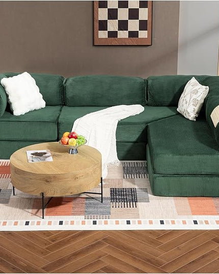 108" L Shaped Couch, Modular Sectional Sofa with Chaise, Cloud Boneless Couch with Deep Seat & Removable Pillow for Living Room, Bedroom,No Assembly Required（Dark Green）