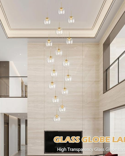 KoKo&Yukina 16-Light Gold Mid Century Modern Chandelier for Living Room Staircase Chandelier for Entryway Clear Globe Glass Chandelier High Ceiling Chandeliers Foyer Entryway (Bulb & Remote Incl.)