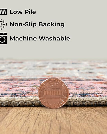 GLN Rugs Traditional Collection - Machine Washable Area Rug, Traditional Washable, Non Slip, Low Pile Chenille Rug, Living Room, Bedroom, Kitchen Rug (5'3"x7'5" Pink and Gray)