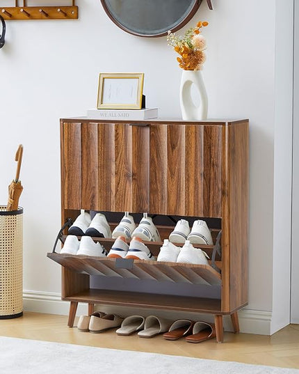 31.5” Fluted Shoe Cabinet Storage with 2 Flip Drawers,Narrow Freestanding Shoe Storage Organizer,Slim Shoe Rack Cabinet for Entryway,Hallway (Walnut)