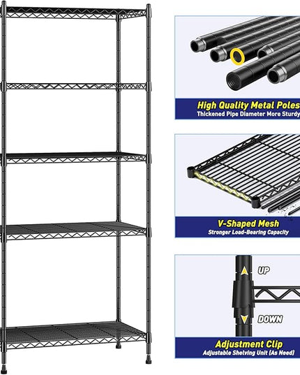 5-Tier Shelf, Shelves Capacity 1010LBS,Storage Shelves Adjustable Wire Shelving,Metal Shelving Unit Storage Rack for Kitchen Pantry Closet Laundry School Commercial 59.4" Hx21.5 W x13.6 D