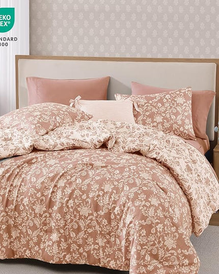 Full Comforter Set -7 Pieces Clay Pink Floral Comforter Set for All Seasons, Bed in a Bag Full with Botanical Flowers Comforter, Sheets, Pillowcases & Shams