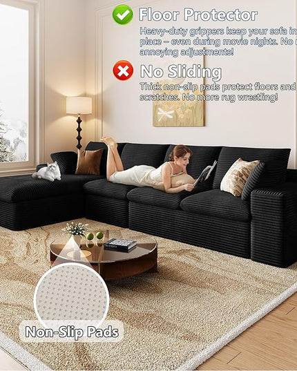 136" Cloud Couch Modular Sectional Sofa for Living Room, L-Shape Boneless Couch with Deep Seat, Modern Corduroy 4-Seater, No Assembly Required (Black,Left-Facing Chaise)