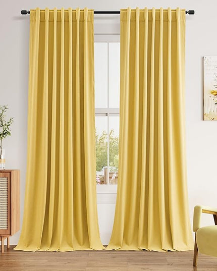 Guken Blackout Curtains 96 Inch Length 2 Panels Set for Living Room Bedroom Back Tab Thermal Insulated 100% Black Out Linen Drapes Room Darkening Window Curtains 96 Inches Long,Gold Yellow
