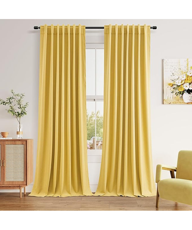 Guken Blackout Curtains 96 Inch Length 2 Panels Set for Living Room Bedroom Back Tab Thermal Insulated 100% Black Out Linen Drapes Room Darkening Window Curtains 96 Inches Long,Gold Yellow