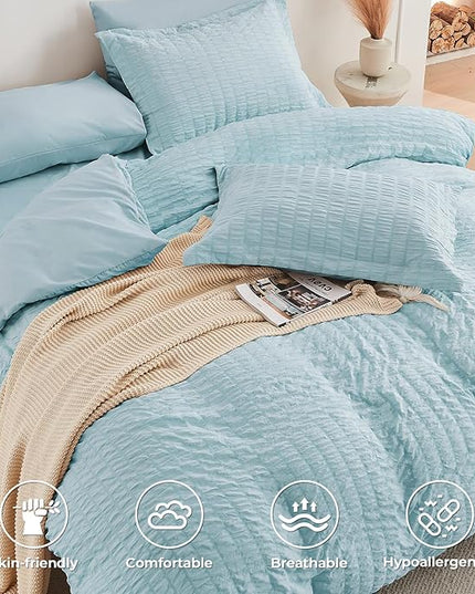 HYMOKEGE Lake Blue Twin XL Comforter Set Seersucker 5 Pieces, All Season Luxury Bed in a Bag for Bedroom, Bedding Set with Comforters, Sheets, Pillowcase & Sham