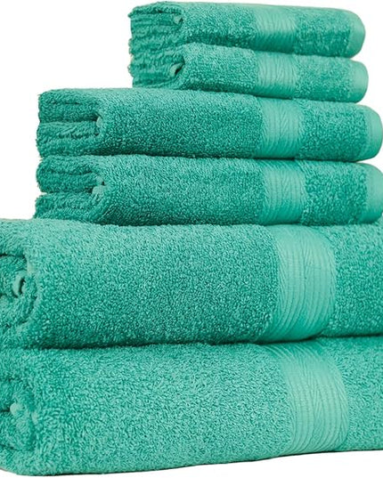 Amazon Basics 6 Piece Oversized Fade resistant Towel set, 100% Cotton towels for bathroom, soft and absorbent, 2 Bath Towels, 2 Hand Towels and 2 Washcloths bathroom towel set, Teal