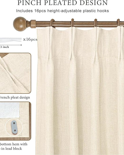 IVAPUPU Cream Beige Pinch Pleated Full Blackout Linen Curtains for Bedroom, Black Out Curtains 108 Inches Long for Living Room Darkening Thermal Insulated Neutral Pleat Drapes with 16 Hooks, 2 Panels