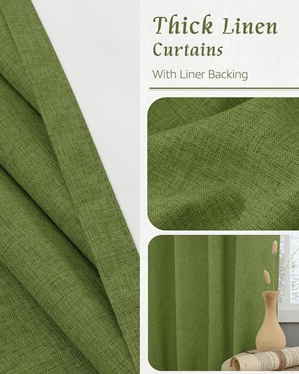 LAMIT Olive Green 100% Blackout Linen Curtains, 80 Inch Linen Textured Living Room Bedroom Drapes Room Darkening Back Tab and Rod Pocket Christmas Panels with White Liner, 2 Panels, 52 x 80 Inch