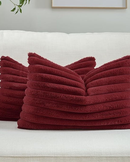 FUTEI Christmas Burgundy Throw Pillow Covers Set of 2, 12x20 Inch Striped Texture Lumbar Pillow Cases with Soft Faux Rabbit Fur Front & Velvet Back, Modern Decorative Couch Pillows for Living Room
