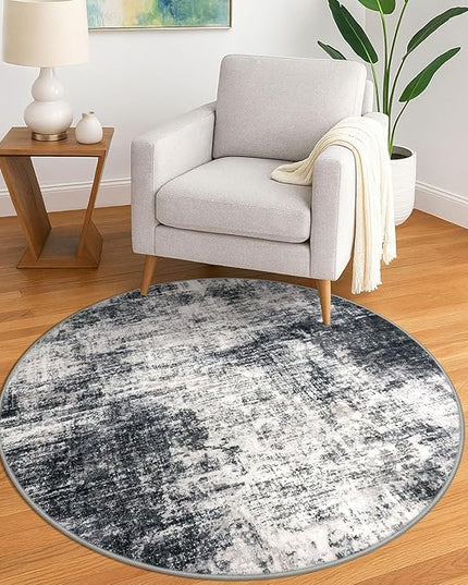 IOHOUZE Round Area Rug 5 Ft Circle Entryway Rugs Round Washable Door Mat Indoor Entrance, Non Slip Circle Front Door Rug, Printed Abstract Faux Wool Floor Carpet for Foyer Porch Sink, Black Grey