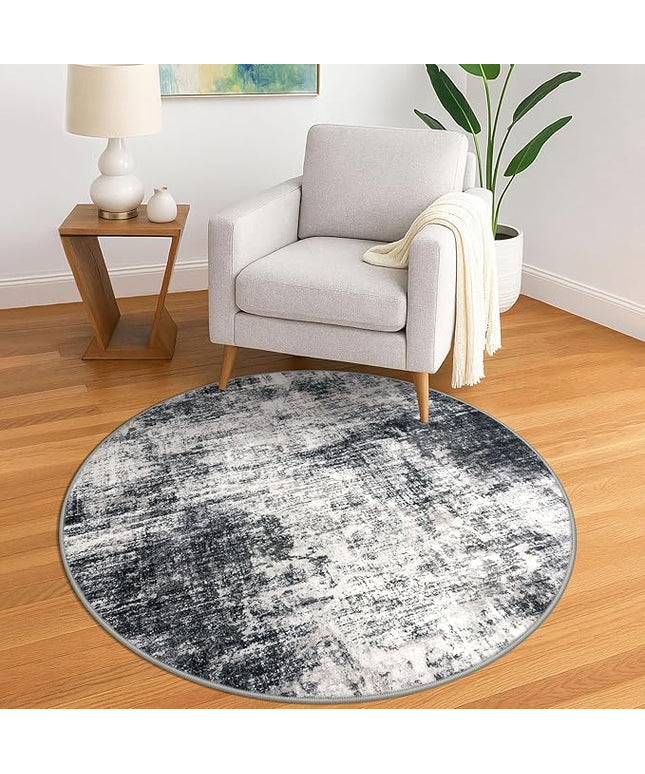 IOHOUZE Round Area Rug 5 Ft Circle Entryway Rugs Round Washable Door Mat Indoor Entrance, Non Slip Circle Front Door Rug, Printed Abstract Faux Wool Floor Carpet for Foyer Porch Sink, Black Grey