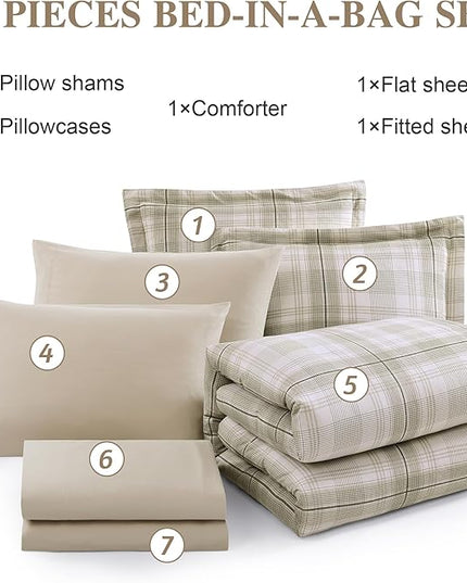 MaiRêve Plaid Queen Comforter Sets, Khaki Green Grid Farmhouse Bedding Set Bed in A Bag, Classic Checkered Comforter Sets with Fitted & Flat Sheet, Pillowcases & Shams 90"x90"