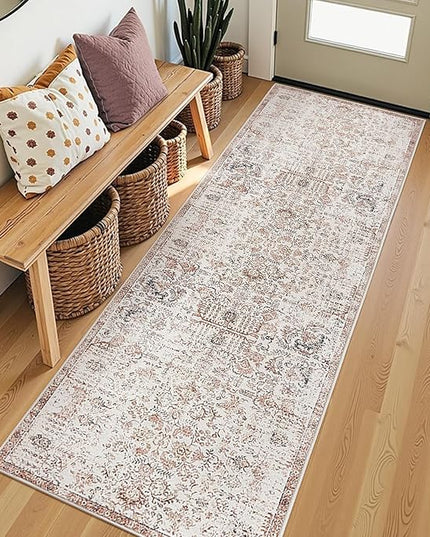 jinchan Kalen Runner Rug 2x7 Washable Hallway Rug Vintage Indoor Thin Retro Floor Cover Distressed Floral Country Lightweight Non Slip Carpet for Entryway Bathroom Bedroom Living Room Stairway Red