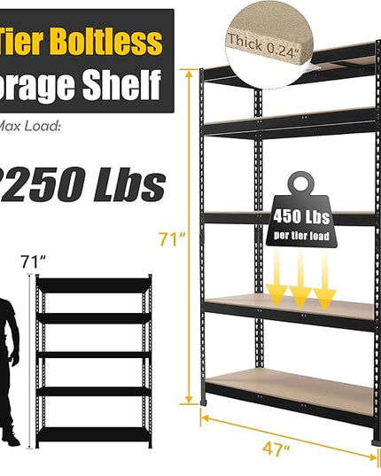 PrimeZone 4 Pack Heavy Duty Adjustable 5 Tier Garage Storage Shelves - 47" W x 18" D x 71" H, Metal Utility Rack Shelf Unit for Warehouse, Pantry, Closet, Kitchen, Black