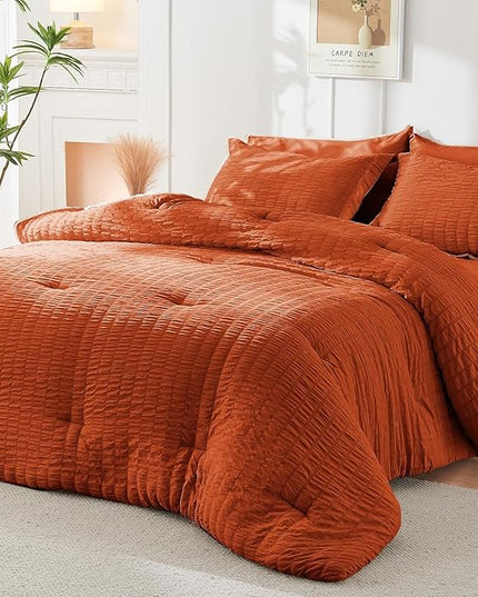 HYMOKEGE Burnt Orange King Size Comforter Set Seersucker 7 Pieces, All Season Luxury Bed in a Bag for Bedroom, Bedding Set with Comforters, Sheets, Pillowcases & Shams