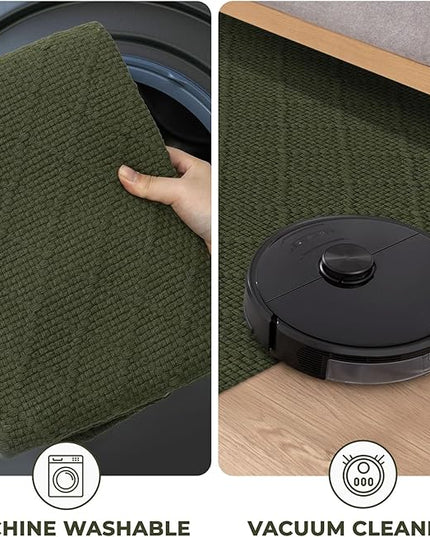 KOZYFLY Area Rug 4x6 Ft Washable Rugs for Entryway Non Slip Rubber Backed Throw Rugs Boho Entry Rug, Cotton Braided Floor Carpet for Kitchen Dining Room Living Room, Dark Green