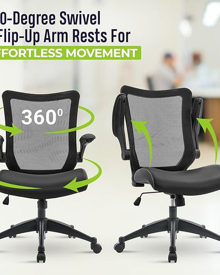 OfficeFactor Office Desk Chair, 300 lb Capacity Adjustable Desk Chair, Flip-Up Armrests, Non-Scratch Wheels, Mesh Back, Comfortable Bonded Leather seat (Black)
