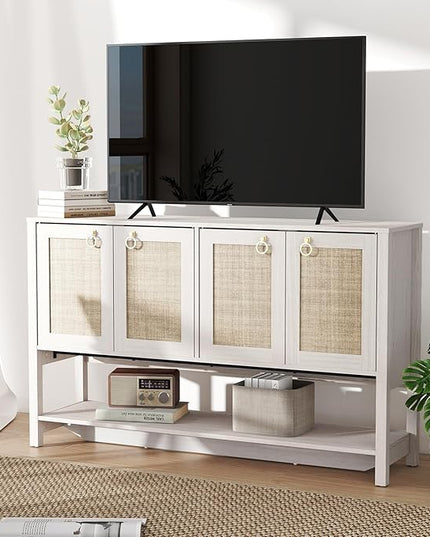 Rattan Entryway Cabinet with Storage,55“ Boho Credenza Storage Cabinet with 4 Doors and Adjustable Shelf, Wood Coffee Bar Console Cabinet Buffet Table for Kitchen, Dinning Room, Sideboard Buffet
