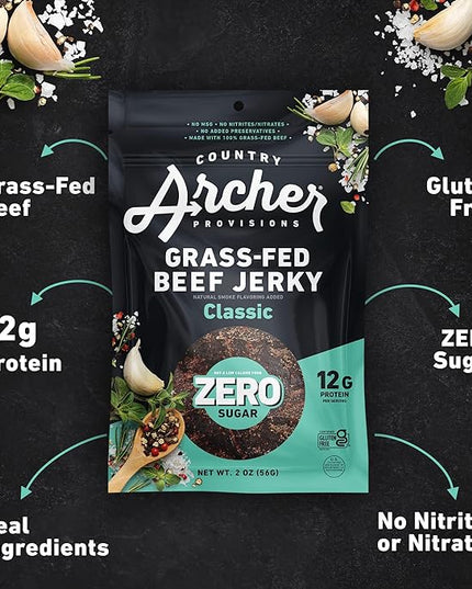 Country Archer Grass-Fed Beef Jerky Variety Pack - Beef Jerky Snack Packs, Beef Jerky Assortment, Jerky Sampler with Classic, Mustard BBQ and Spicy Sesame Garlic - 2 oz (Pack of 6)