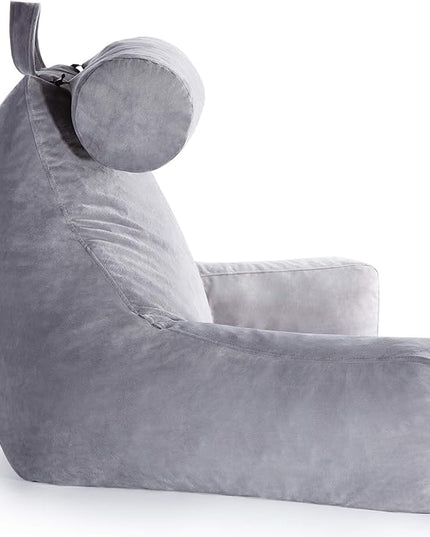 LINENSPA Reading Pillow with Shredded Memory Foam- Back Pillow for Sitting in Bed, Reading, Gaming, Watching TV – Chair Pillow with Arms, Dorm Room Essentials, Stone