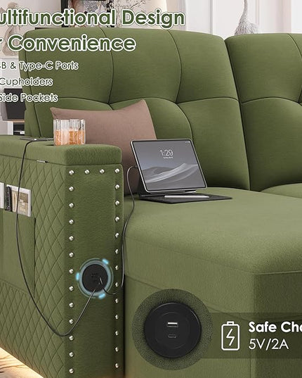HIFIT 106" Sectional Couches for Living Room- Pull Out Sleeper Sofa Couch w/Storage Chaise,Storage Armrest,LED Light&USB Port&Cupholder,Modern Velvet U Shaped Home Sofa Living Room Furniture Set,Green