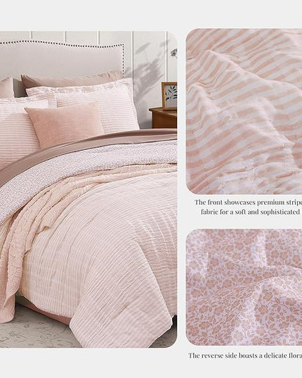 King Comforter Set - 7 Pieces Pink Gauze Muslin Bedding Sets for All Seasons, Lightweight Breathable Bed in a Bag King with Revesible Farmhouse Comforter, Sheets, Pillowcases & Shams