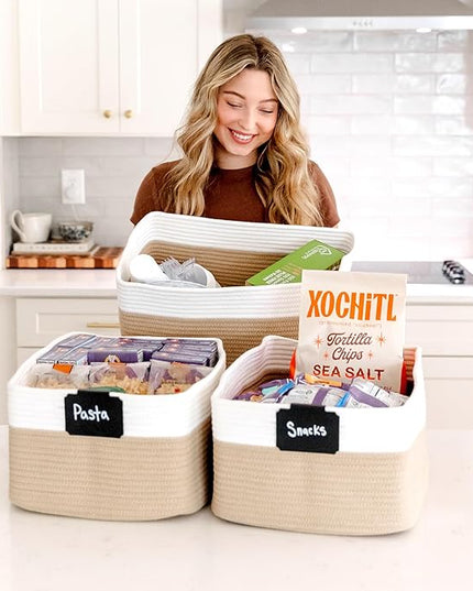 NaturalCozy Storage Baskets 16.8”x13”x7.6” Cotton Rope Woven Baskets for Organizing 3-Pack | Toy Storage Bins | Basket for Shelves, Laundry, Blanket, Clothes, Closet, Kitchen, Bathroom, Gifts