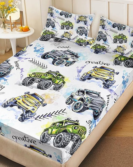 AILONEN Monster Trucks White Fitted Sheet Set Twin Size, Tie Dye Truck Car Printed Bedding Set for Kids,Boys,Monster Jam Bedsheets Set,3-Piece, 1 Fitted Sheet and 2 Pillowcases